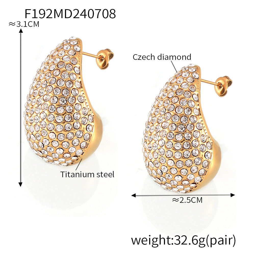 B廠【F192】跨境輕奢水滴造型耳環鈦鋼鍍金鑲鑽百搭chic風個性氣質耳環飾品女 24.07-2