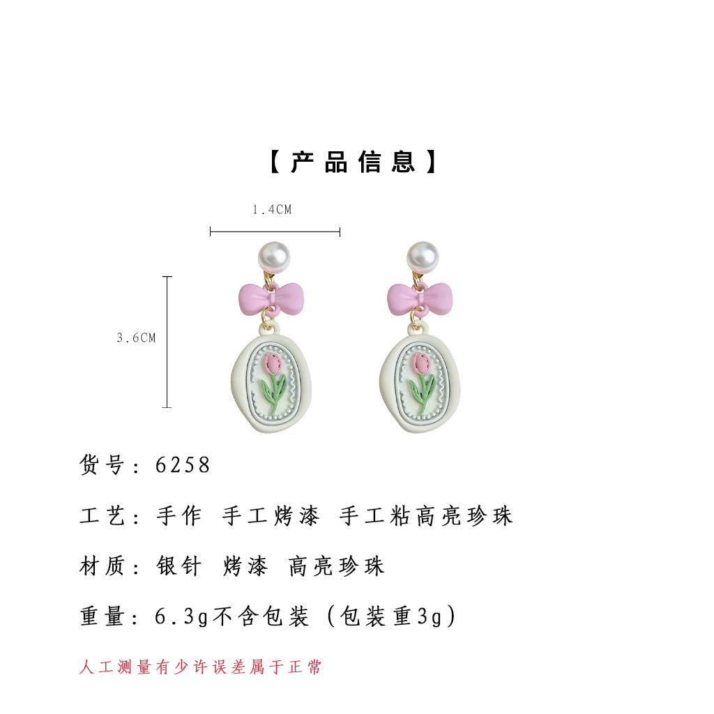 C廠【6258】清新靚麗~夏日時尚烤漆粉紅蝴蝶結鬱金香耳環女優雅耳環耳環 25.06-3