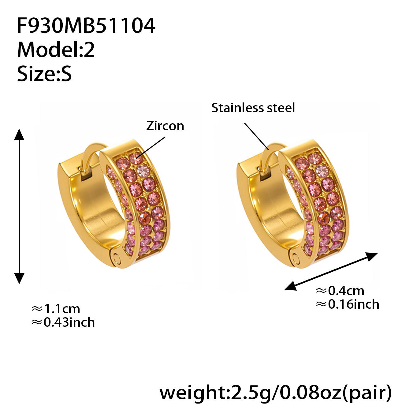 B廠【F930】ins風高品質彩色5A鋯石圓圈卡扣耳環不鏽鋼鍍18k真金耳飾女
 25.11-2