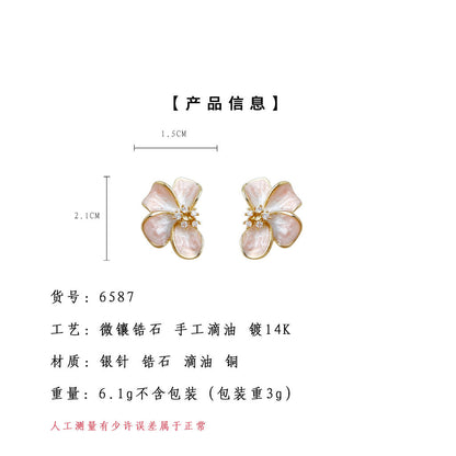 A廠【6587】清新甜美微鑲鋯石925銀針琺瑯滴釉漸變色花朵耳飾女 保色電鍍耳釘
 25.08-5