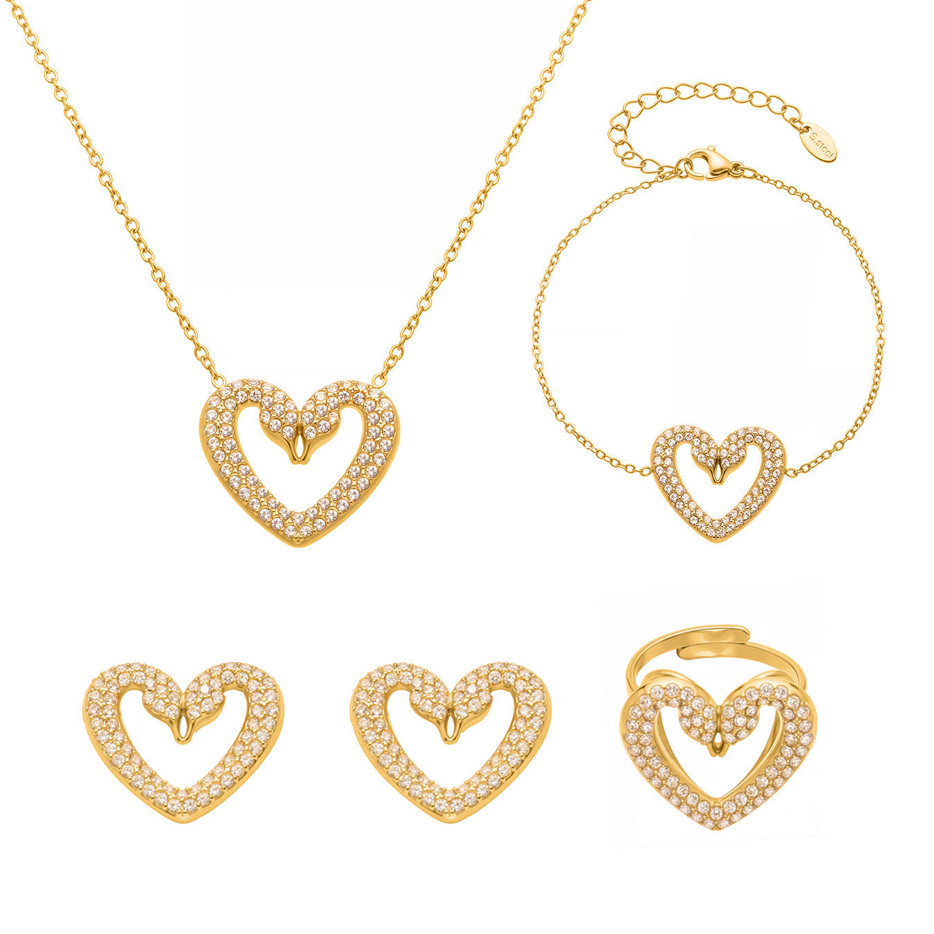 B廠【TXP431】不銹鋼滿鑽鋯石雙天鵝耳環戒指手鍊項鍊套組跨境時尚首飾
 25.10-3