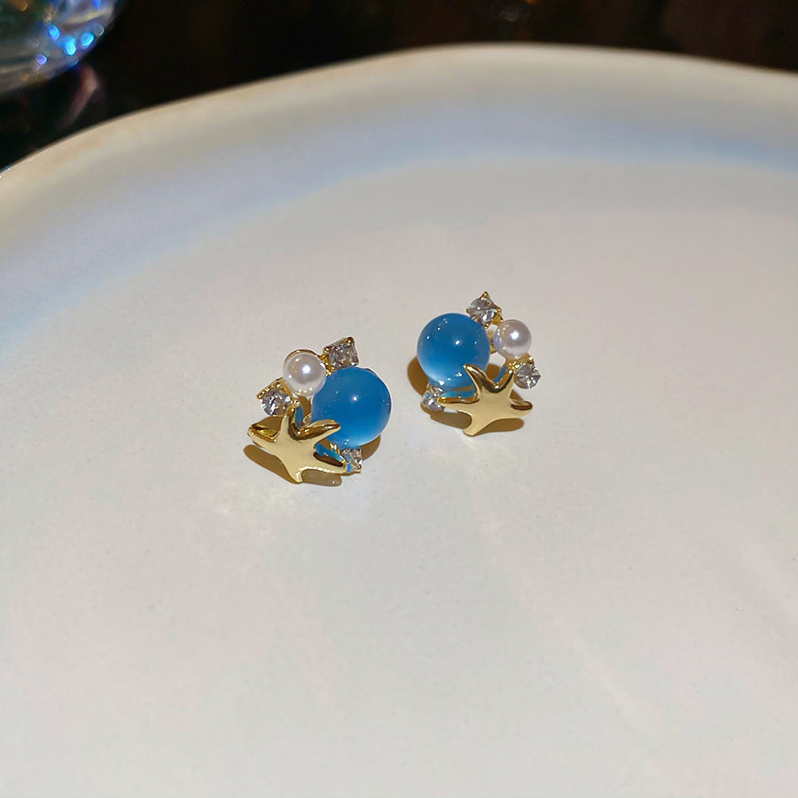 A廠【HE26269】925銀針鑲鑽海星珍珠耳環海邊度假風時尚百搭耳環輕奢高級感氣質耳飾 25.05-1