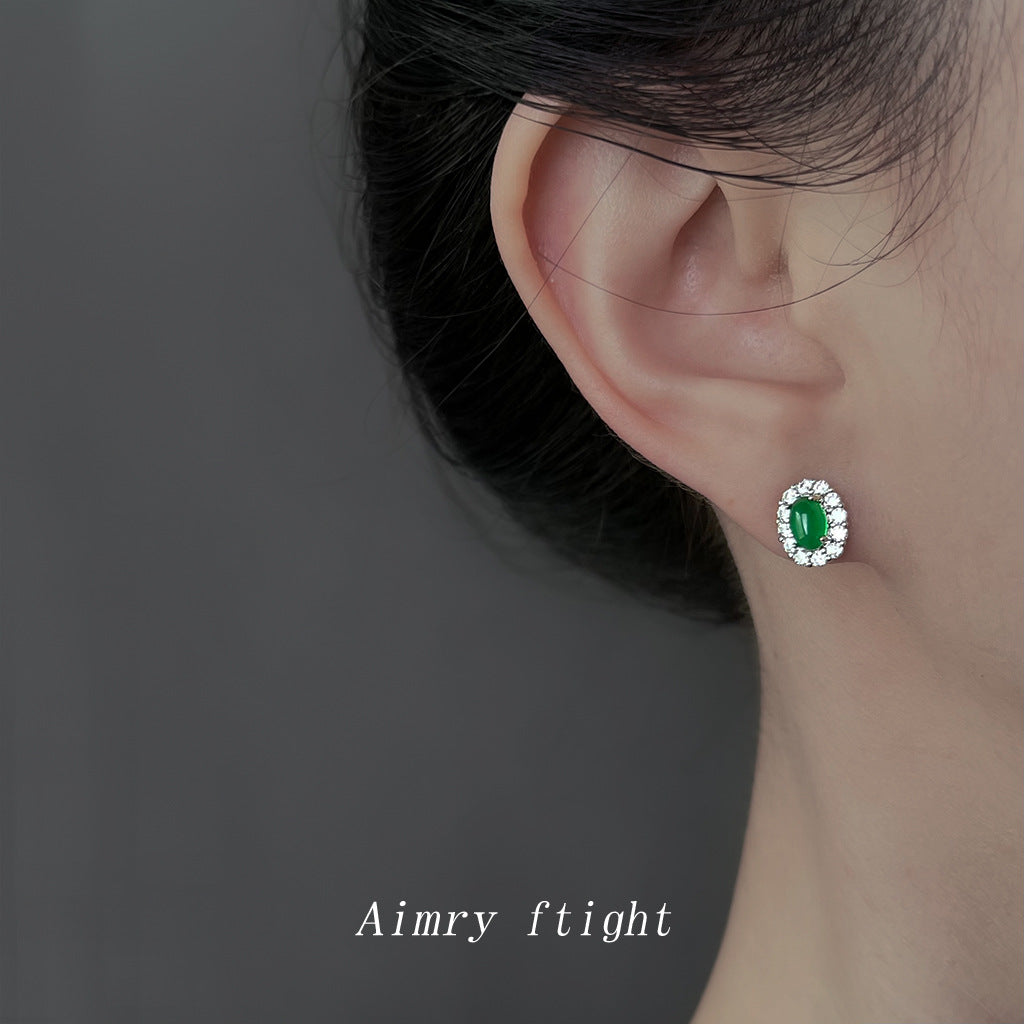 A廠【6876】高級感輕奢風微鑲鋯石925銀針橢圓祖母綠迷你小巧耳環女 氣質耳飾
 25.10-3