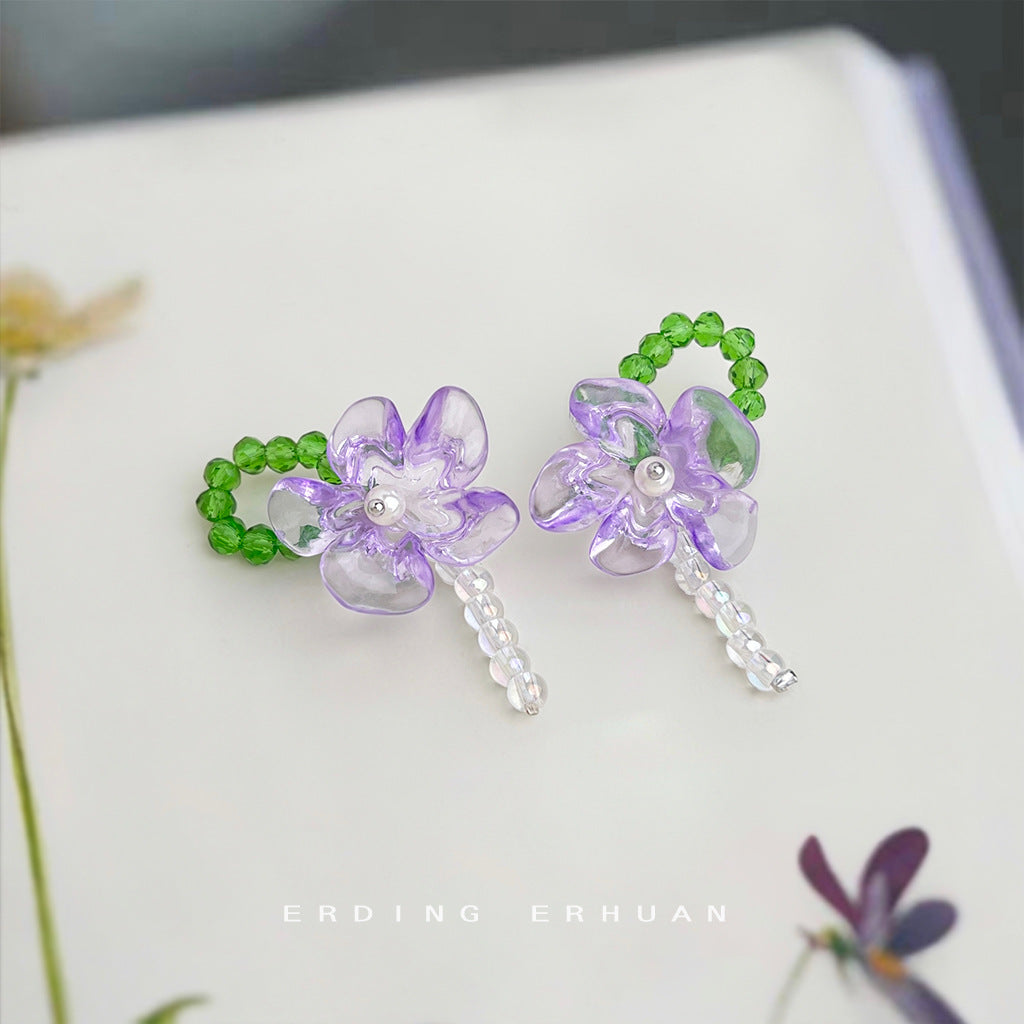 A廠【7734】清新甜美手工藝設計感紫色透明花朵耳環夏日度假風新款耳環
 26.06-2