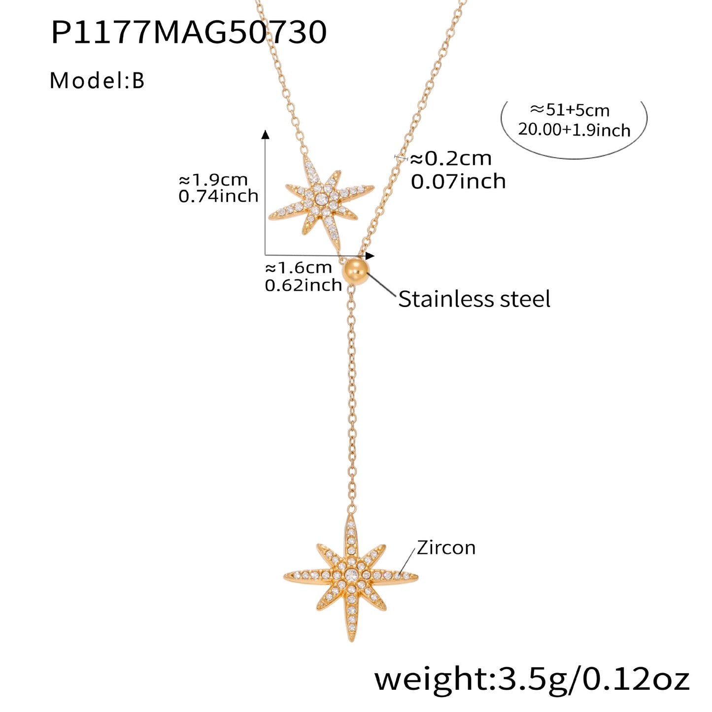 B廠【P1177】歐美新款飾品不鏽鋼5A鋯石超閃抽拉八星芒鎖骨項鍊18k鍍金 25.08-2