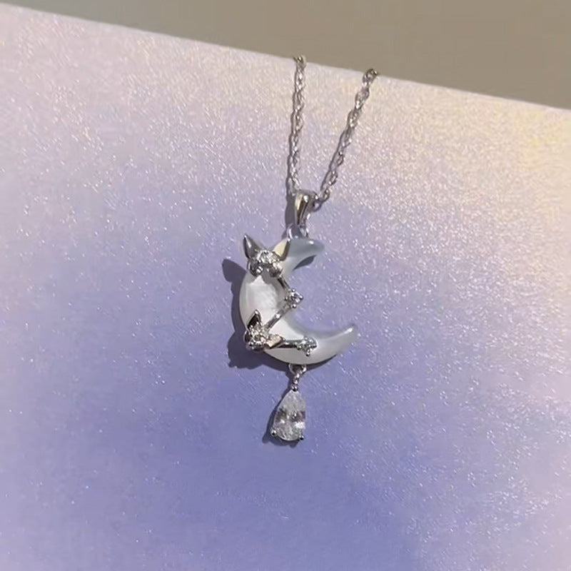 E廠【DQ0135N】小眾韓版S925純銀貝殼月亮項鍊女氣質輕奢蝴蝶水滴流蘇鎖骨鏈
 26.04-3