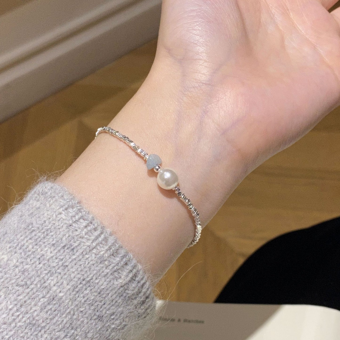 F廠【DQ0112S】高級感ins風碎銀子仿珍珠手鍊女S925純銀不規則碎石手飾
 25.10-4