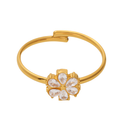 B廠【A749】國潮新款鑲嵌5A鋯石水滴小花開口調整戒指不鏽鋼鍍18k真金 25.05-4