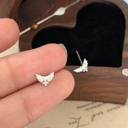 E廠【XDQ10673E】S999純銀簡約小巧天使之翼耳環女粉色鋯石蝴蝶結時尚耳環ins
 26.03-3