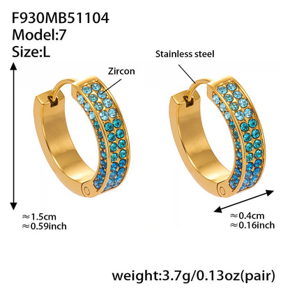 B廠【F930】ins風高品質彩色5A鋯石圓圈卡扣耳環不鏽鋼鍍18k真金耳飾女
 25.11-2