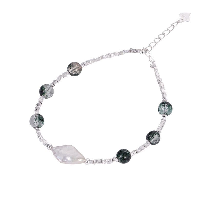 F廠【DQ0115S】天然異形珍珠綠幽靈水晶手鍊925純銀碎銀子精緻ins手飾女
 25.10-4