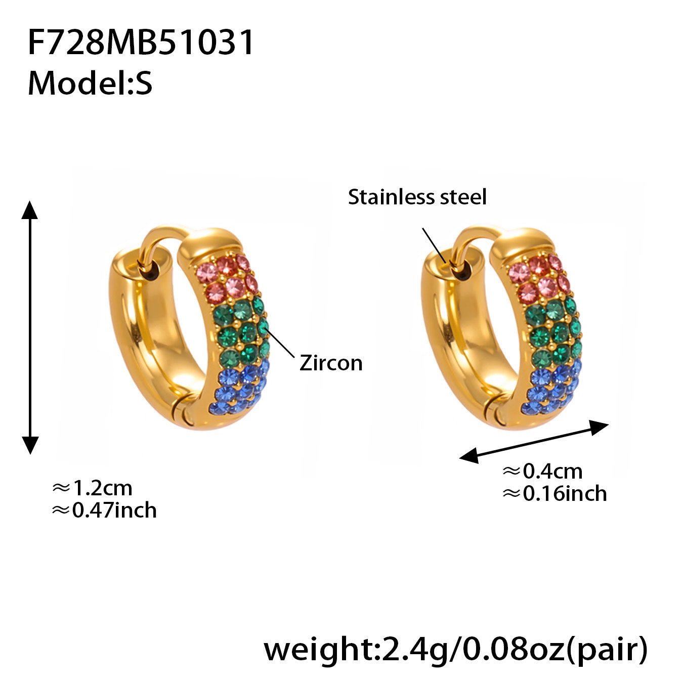 B廠【F728】高質感滿鋯三排鑽球面U型耳扣鍍18k真金輕奢百搭不鏽鋼耳環
 25.11-1