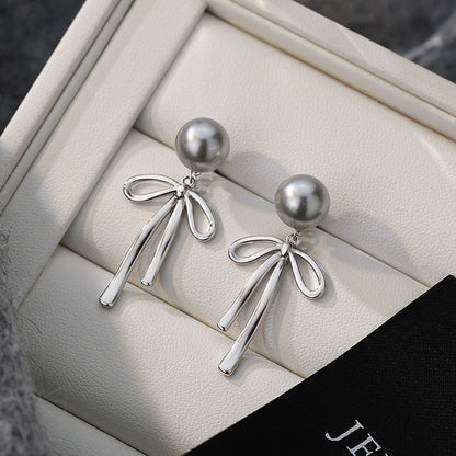 E廠【DQ11276E】S925純銀法式輕奢正圓灰珍珠耳環清冷感蝴蝶結耳環後掛式耳環
 25.09-4