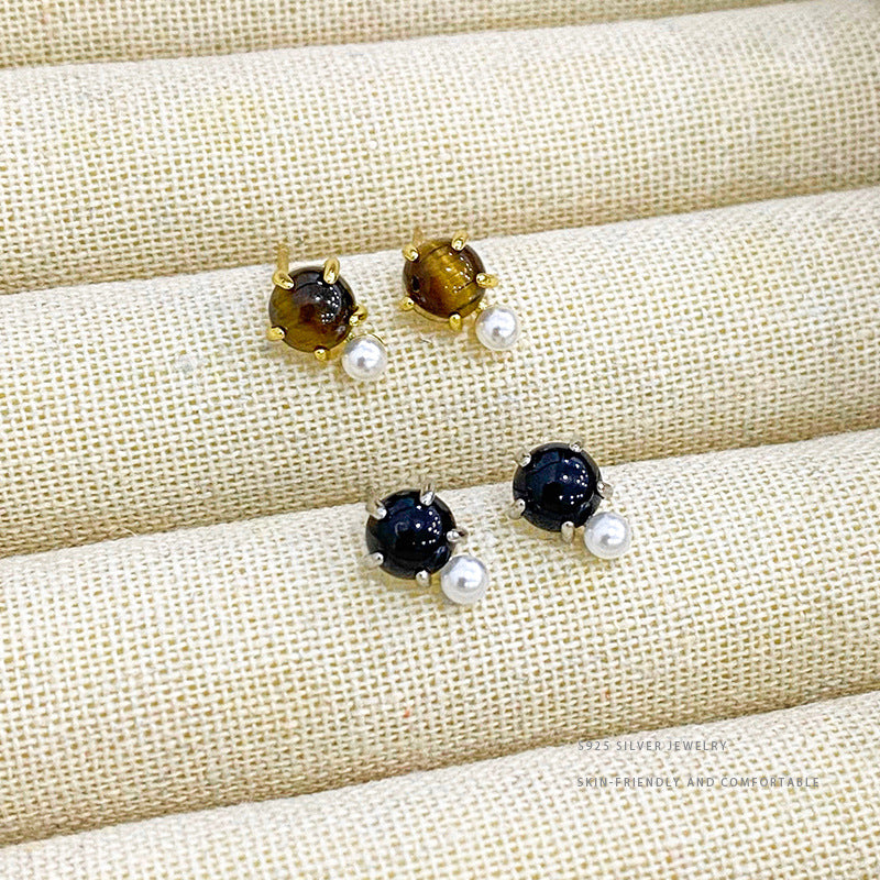 E廠【YC9878E】S925純銀精美虎眼石黑瑪瑙珍珠耳環女時尚新款高級感耳飾 24.04-3