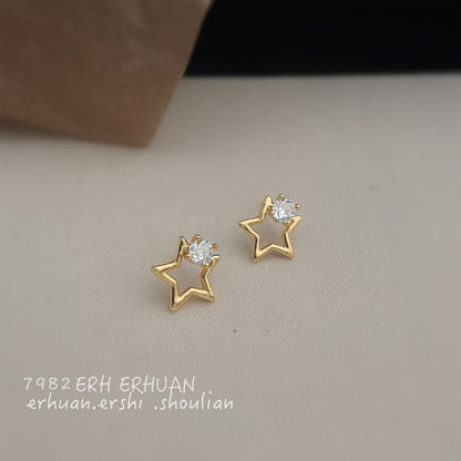A廠【6433】時尚通勤簡約微鑲鋯石小巧迷你版鏤空五角星925銀針鍍14K耳環耳飾 25.07-4