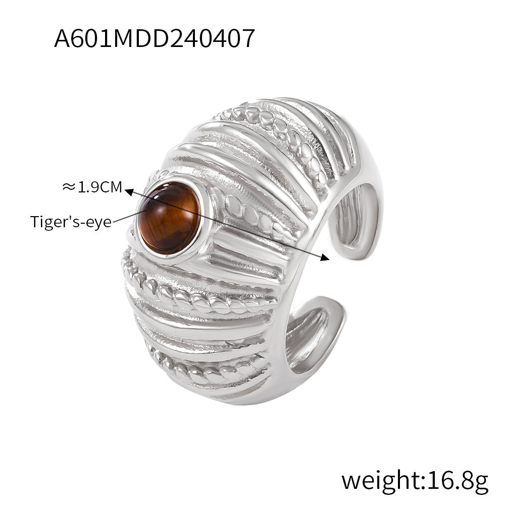 B廠【A601】巴塞隆納鈦鋼螺紋天然石虎眼石戒指美拉德中古vintage指環女飾品 24.04-3