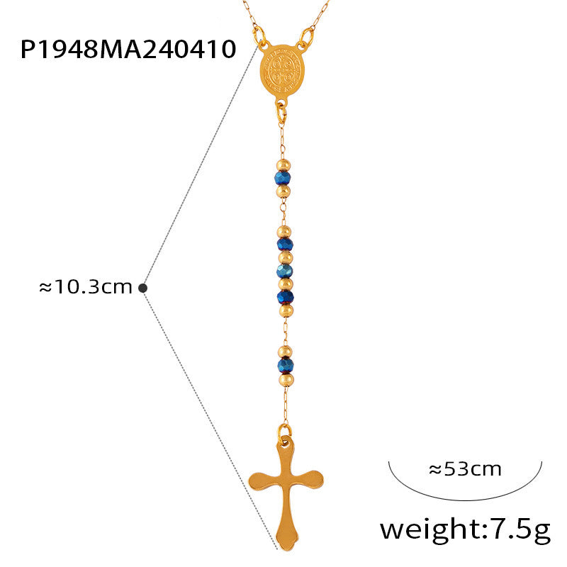 B廠【P1945-8】歐美熱銷小眾復古念珠十字架人像圓牌吊墜輕奢串珠貝珠鈦鋼項鍊女 24.04-3