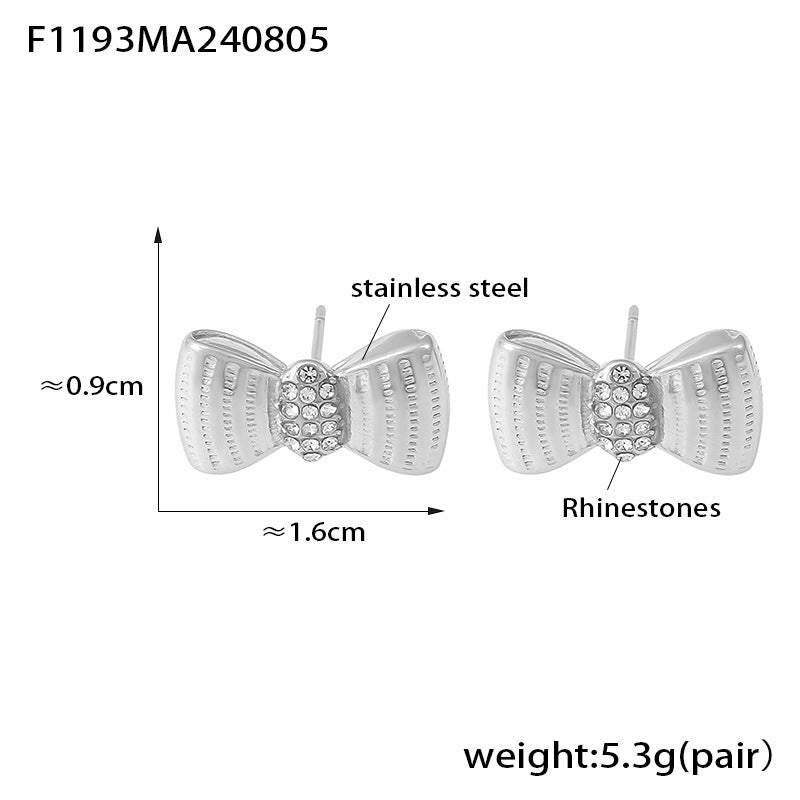 B廠【F1191】跨國新款愛心褶皺蝴蝶結微鑲鑽玻璃石耳環簡約氣質不鏽鋼鍍金耳飾 24.08-3