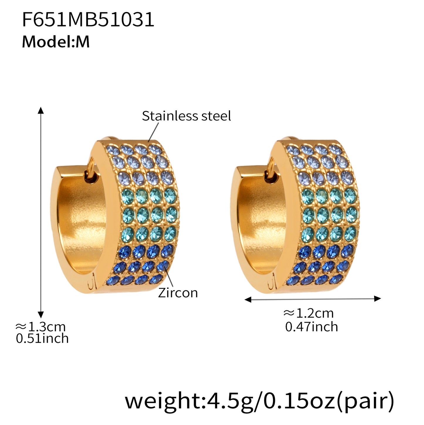 B廠【F651】彩鑽四排鋯石精緻卡扣耳環不鏽鋼鍍18k金時尚百搭個性耳飾
 25.11-1