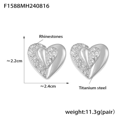 B廠【F1588】跨境復古愛心黏鑽耳環鈦鋼PVD真空鍍金心形時尚歐美風耳飾 24.08-4