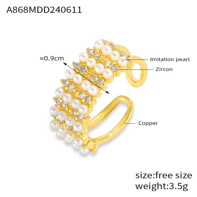 B廠【A868】英倫復古爆款幾何鑲鑽寬面大氣戒指女銅鍍18K金貝珠開口指環 24.06-3