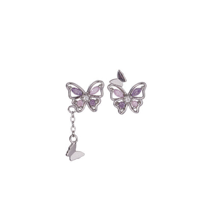 E廠【XDQ10251E】S999純銀時尚夢幻蝴蝶耳環女多巴胺紫色蝴蝶流蘇高級感耳飾品
 26.01-1