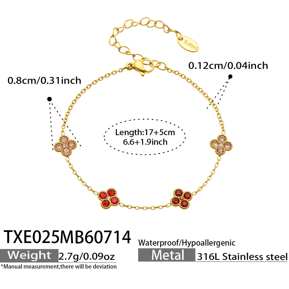 B廠【TXP025】歐美多巴胺系列四葉花不銹鋼鍍18k金 鑲嵌鋯石項鍊手鍊女飾品套裝
 26.07-4