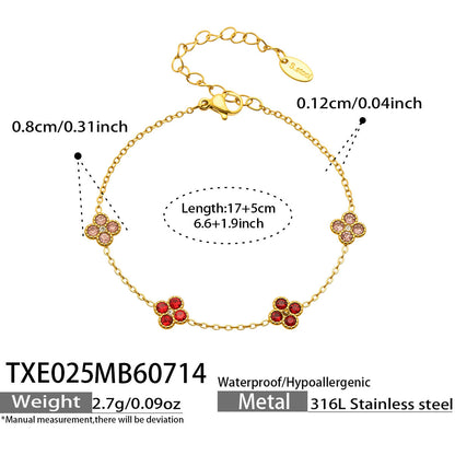 B廠【TXP025】歐美多巴胺系列四葉花不銹鋼鍍18k金 鑲嵌鋯石項鍊手鍊女飾品套裝
 26.07-4