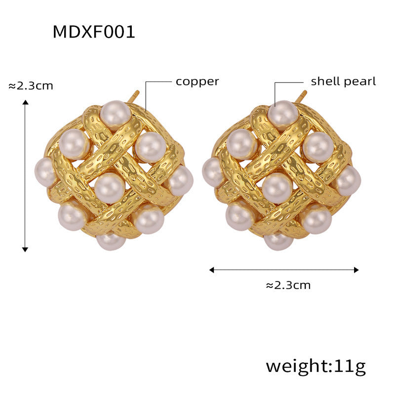 B廠【F001】中古風復古時尚氣質耳環編織鏤空高光貝珠耳環銅鍍金精緻高級耳飾 24.03-2