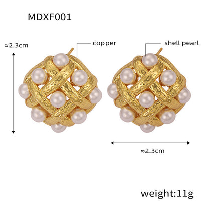 B廠【F001】中古風復古時尚氣質耳環編織鏤空高光貝珠耳環銅鍍金精緻高級耳飾 24.03-2