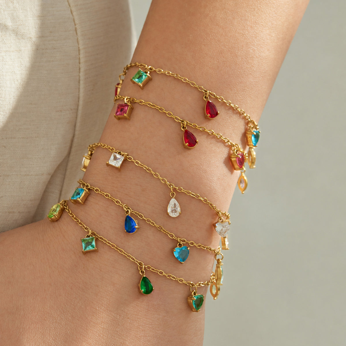 B廠【TXE065】歐美熱銷多巴胺水滴鋯石吊墜鏈條簡約通勤小眾女手鍊腳鍊飾品套裝
 26.09-3
