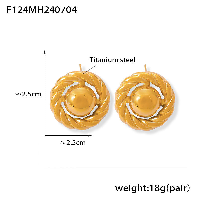 B廠【F124】韓國跨國復古小眾個性麻花造型耳環幾何圓牌鏤空設計鈦鋼鍍金耳環 24.07-2