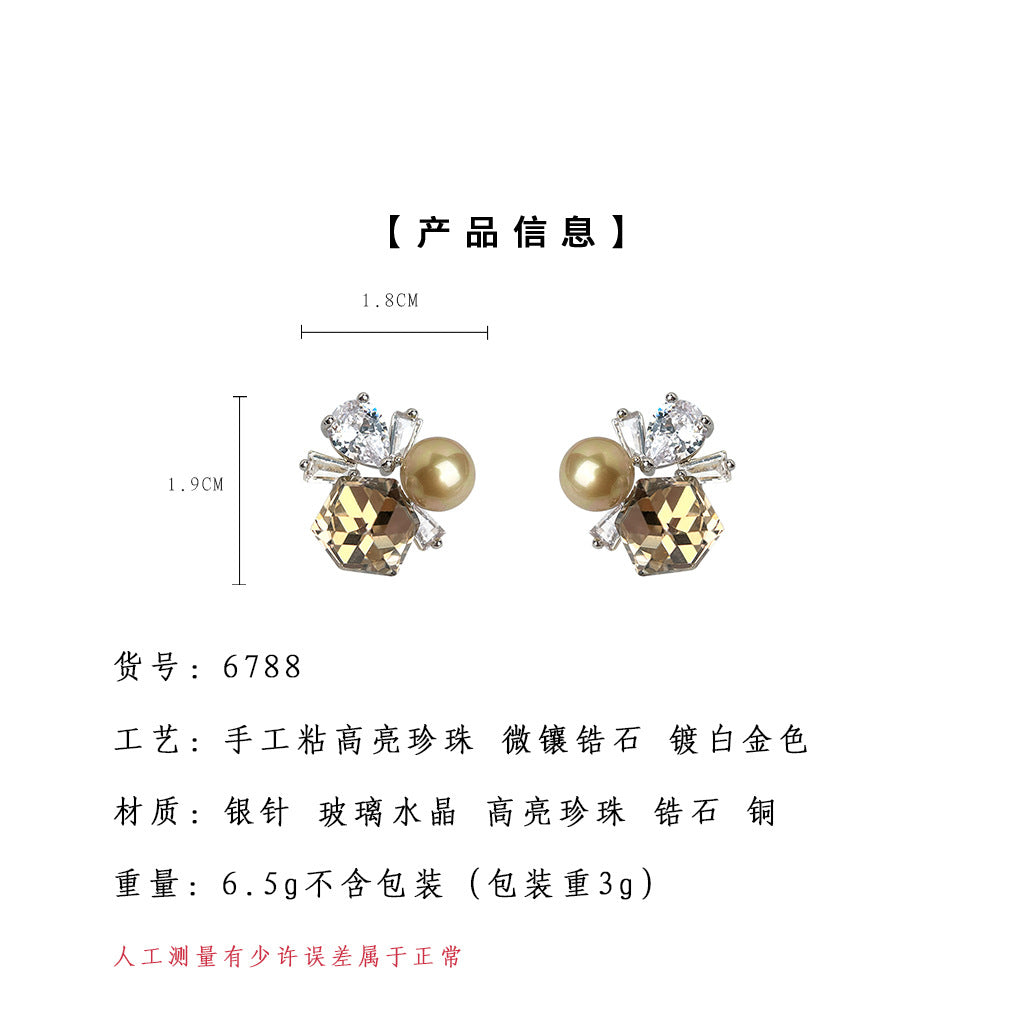 C廠【6788】高級感氣質優雅中古風微鑲鋯石925銀針玻璃水晶咖色秋款耳環 耳環
 25.09-3