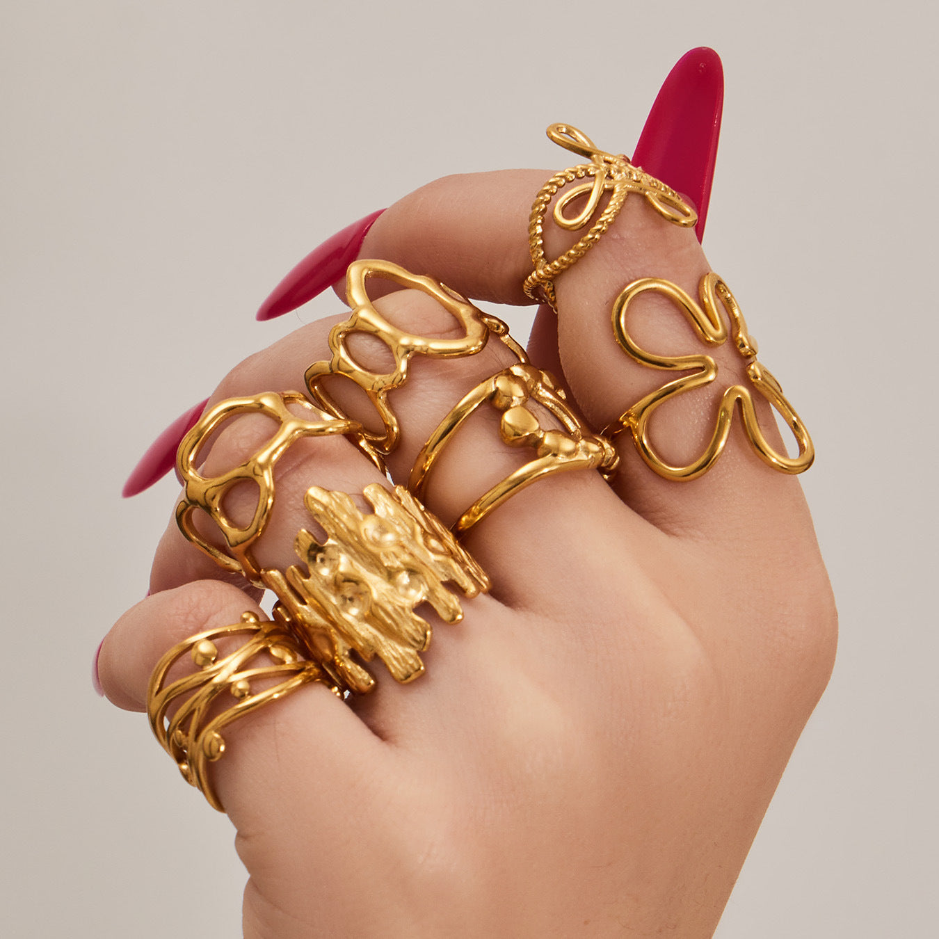 B廠【Y136】歐美ins簡約設計幾何型素圈戒指組合不鏽鋼鍍金小眾時尚開口指環
 26.01-4