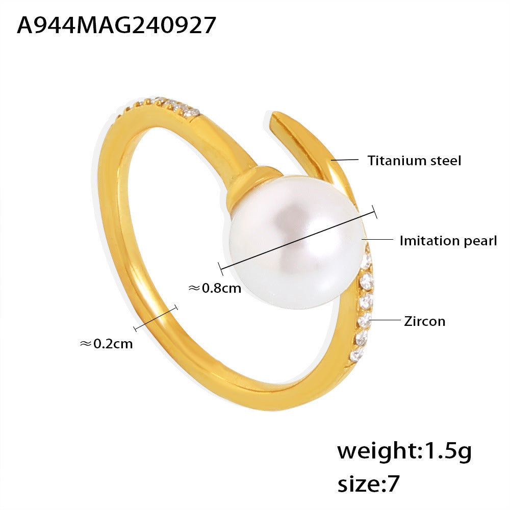 B廠【A944】跨境釘子鈦鋼材質手工鑲鋯石黏貝珠開口可調整戒指網紅同款指環女 24.10-1