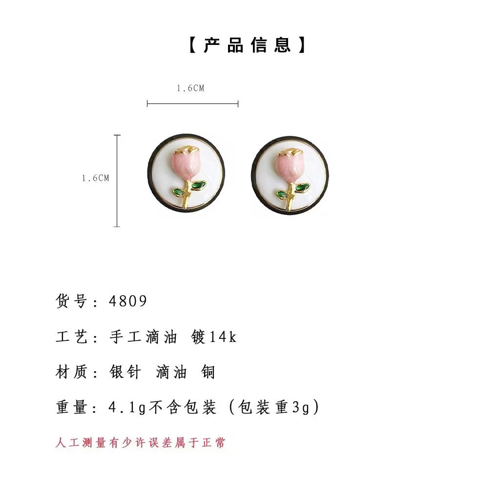 C廠【4809】復古小香風粉紅玫瑰花耳環高級感鍍14K輕奢時尚氣質百搭耳環耳環 24.09-1