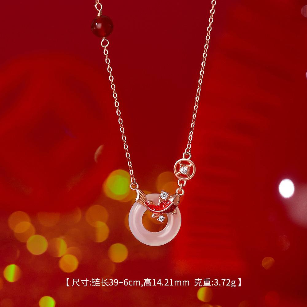 D廠【YC2289N】原創足銀S999紅瑪瑙白玉髓錦鯉平安扣項鍊個性手鍊國風耳環
 25.12-1