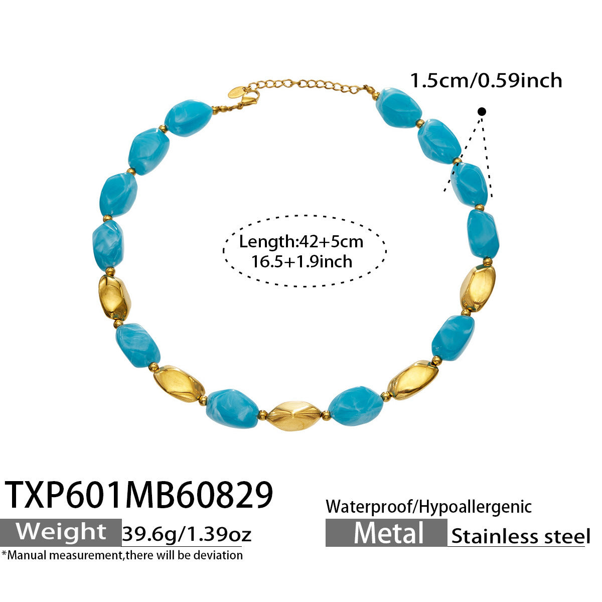 B廠【TXP601】歐美高級感小眾不鏽鋼鍍18k金樹脂橢圓串珠項鍊手鍊飾品首飾套裝
 26.09-1