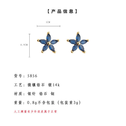 A廠【5856】藍色繫微鑲鋯石花朵甜美清新夏日新款耳飾簡約百搭花瓣耳飾女 25.04-4