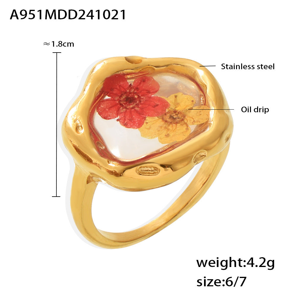 B廠【A951】歐美小眾滴油乾燥花戒指輕奢感冷淡風植物花卉不鏽鋼食指戒女 24.10-4