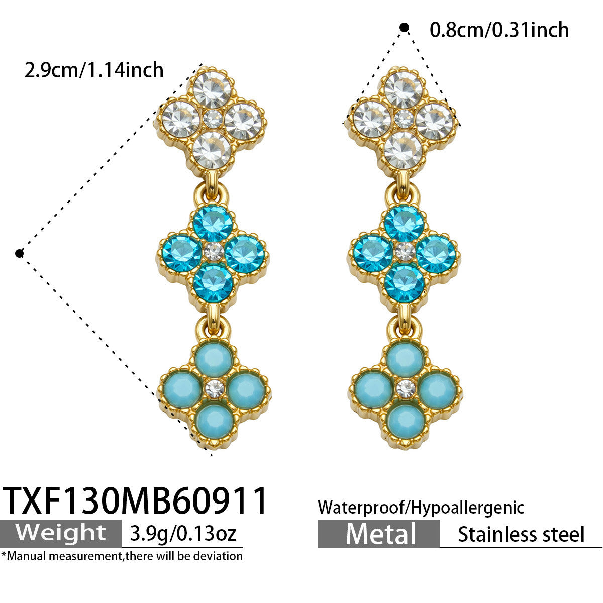 B廠【TXP618】歐美鬆弛氛圍感四瓣花彩鋯不銹鋼高級感項鍊手鍊戒指耳環首飾套裝
 26.09-3