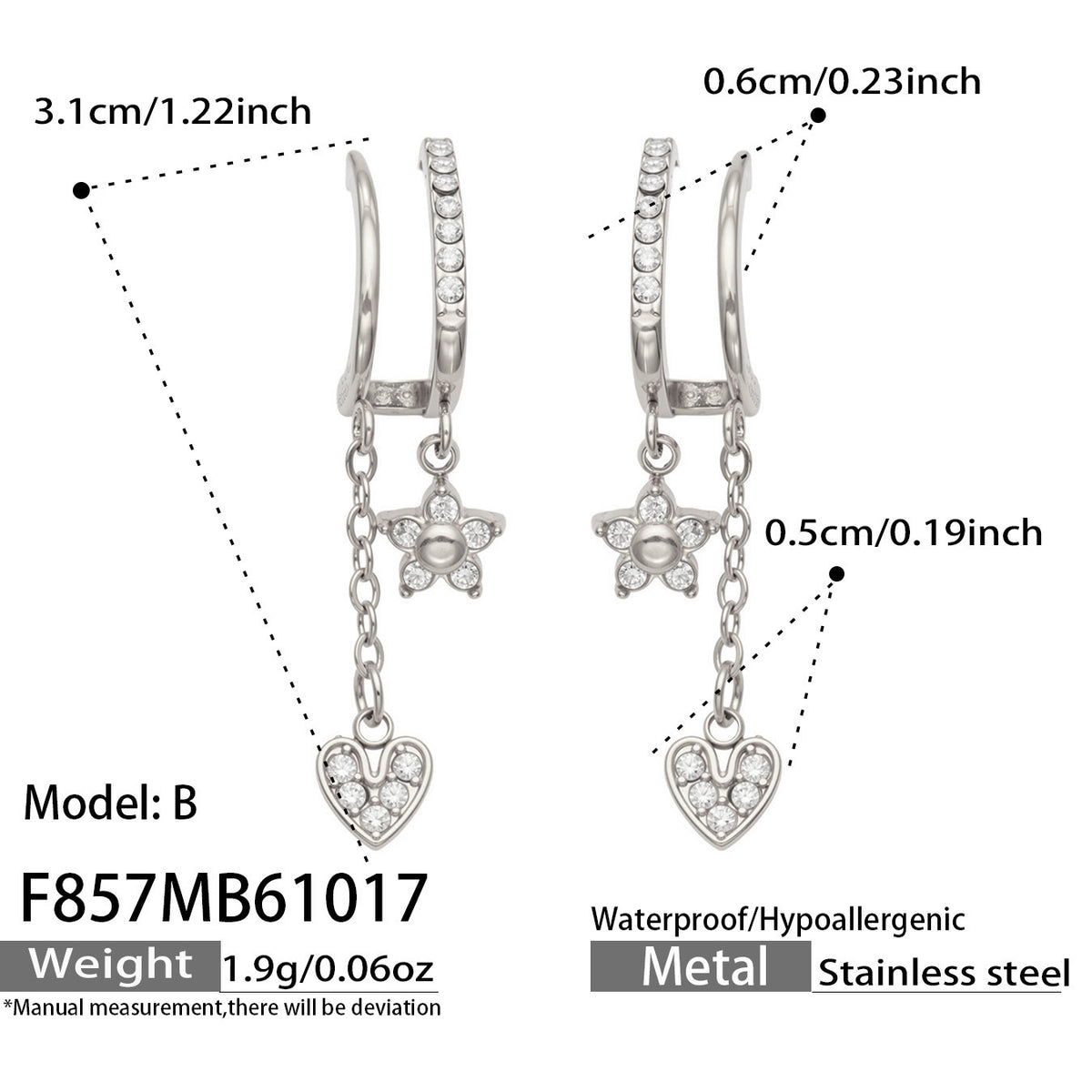 B廠【F857】幾何四瓣花愛心鑲锆石耳墜不鏽鋼耳環組
 26.10-4