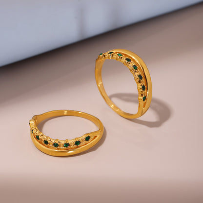 B廠【A013】歐美簡約輕奢風不鏽鋼綠鋯石戒指女尾戒電鍍18k真金不掉色 25.03-3