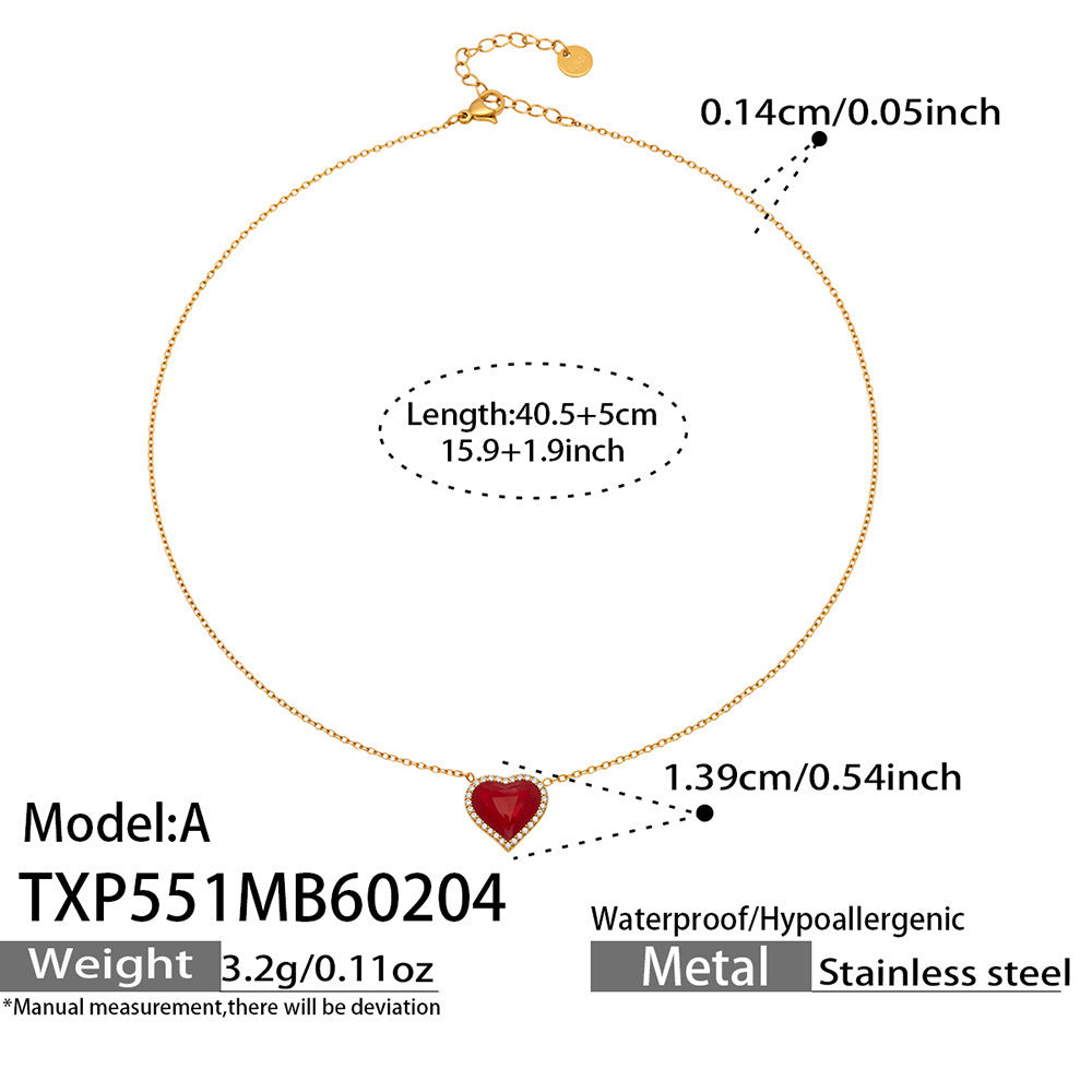 B廠【TXP551】歐美ins風簡約輕奢滴油紅愛心包邊鋯石吊墜項鍊手鍊耳環戒指套裝
 26.02-1