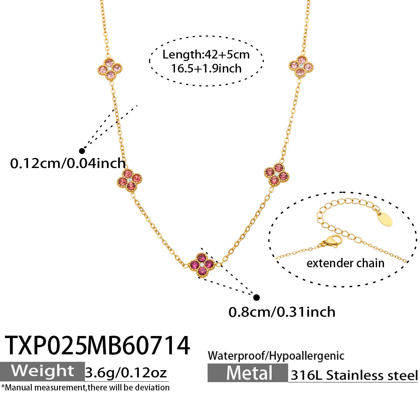 B廠【TXP025】歐美多巴胺系列四葉花不銹鋼鍍18k金 鑲嵌鋯石項鍊手鍊女飾品套裝
 26.07-4