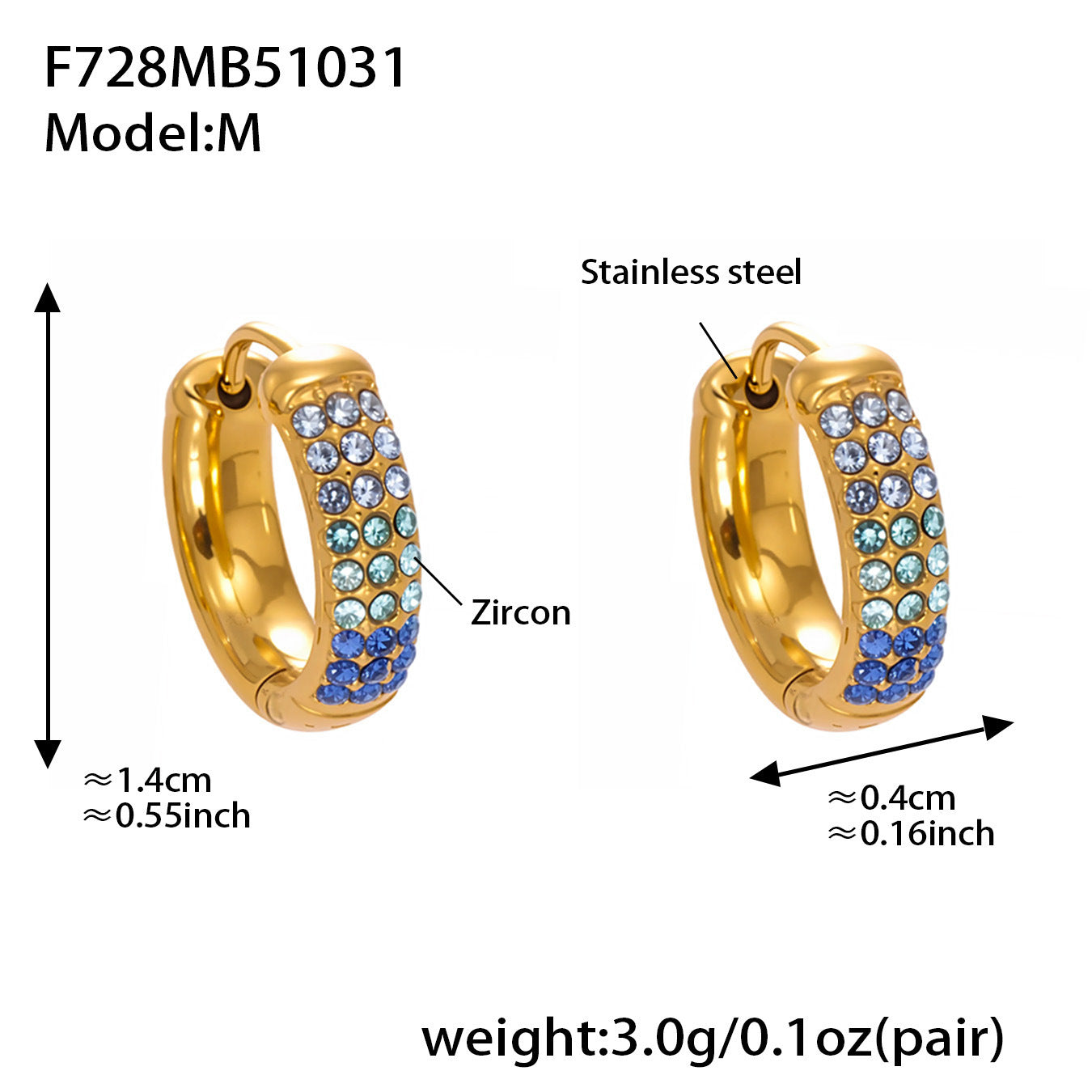 B廠【F728】高質感滿鋯三排鑽球面U型耳扣鍍18k真金輕奢百搭不鏽鋼耳環
 25.11-1