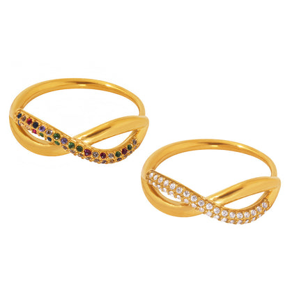 B廠【A053】新款彩色鋯石交叉細麻花食指戒不鏽鋼18K真金小眾通勤指環 25.03-3