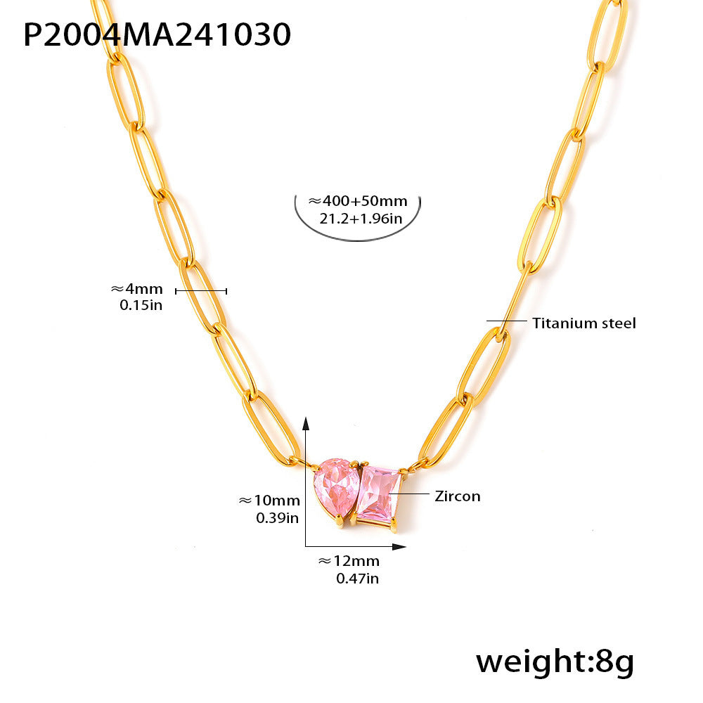 B廠【P2004】 歐美跨境不鏽鋼18k鍍金水滴方形鋯石甜美項鍊個性輕奢項鍊飾 24.11-2