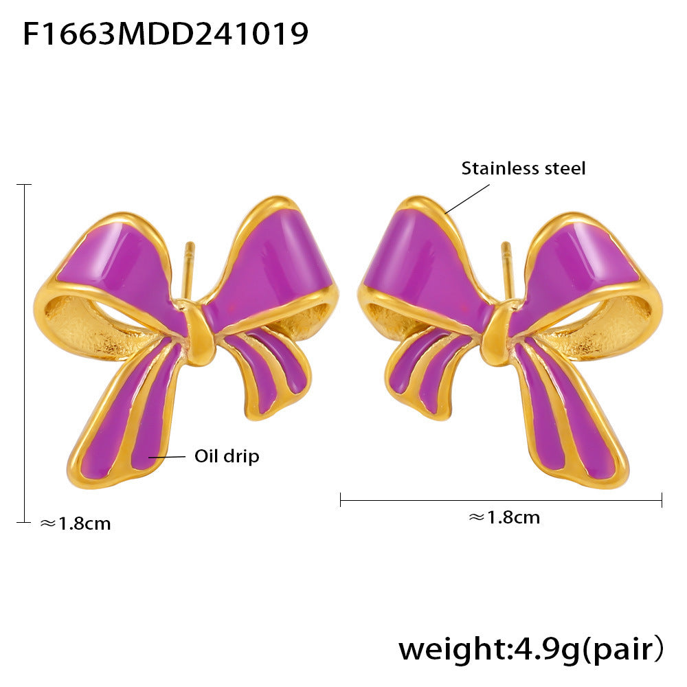 B廠【F1663】 ins風精緻滴油蝴蝶結耳環輕奢油畫質感不銹鋼甜美耳飾現貨 24.10-4