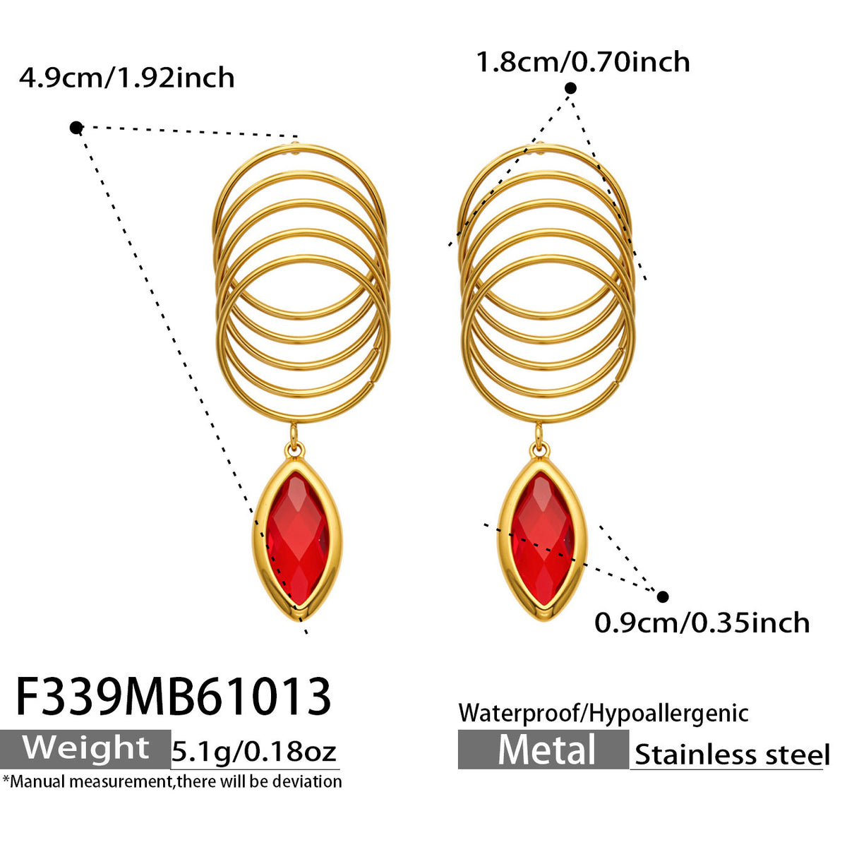 B廠【F339】多層圓環彩色玻璃石耳墜不鏽鋼鍍金誇張耳環
 26.10-4